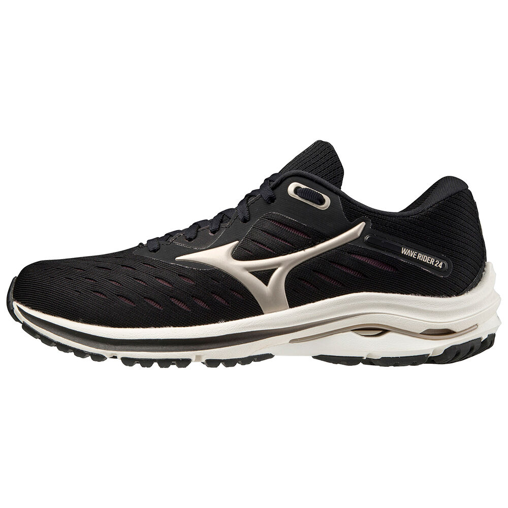 Mizuno Wave Rider 24 - Bayan Koşu Ayakkabısı - Siyah/Altın Platini Türkiye (ODQINE-976)